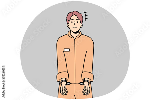 Male prisoner in robe wearing handcuffs. Unhappy man convict in uniform imprisoned. Imprisonment and jail concept. Vector illustration.