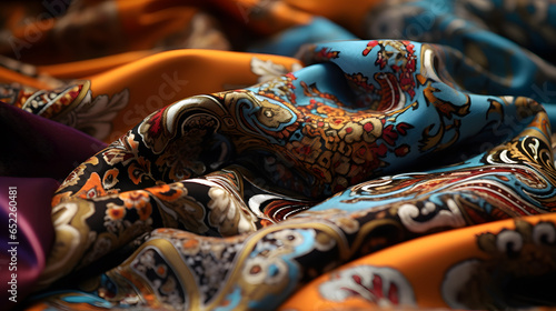 Dive into the world of textile design with this close-up photograph showcasing rich and artistic patterns. The textures and colors are highly detailed, making it an excellent choice for showcasing.