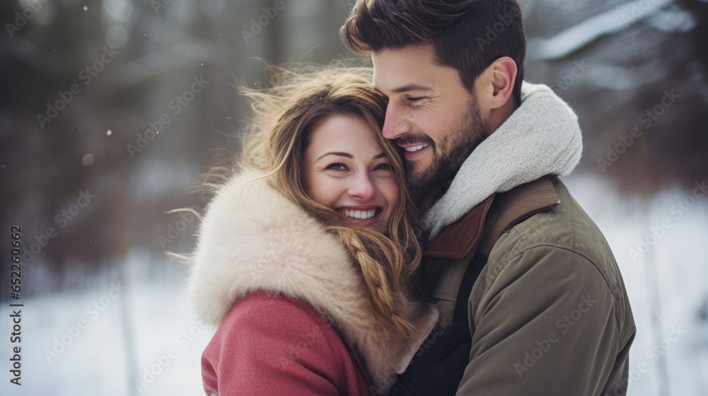 Cute couple in winter outdoors