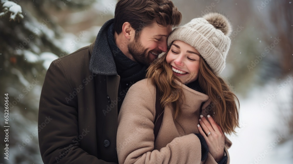 Cute couple in winter outdoors