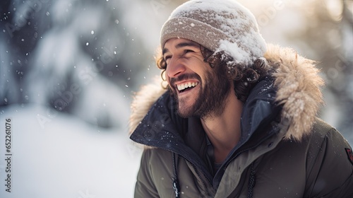 Man laughing in winter outdoors