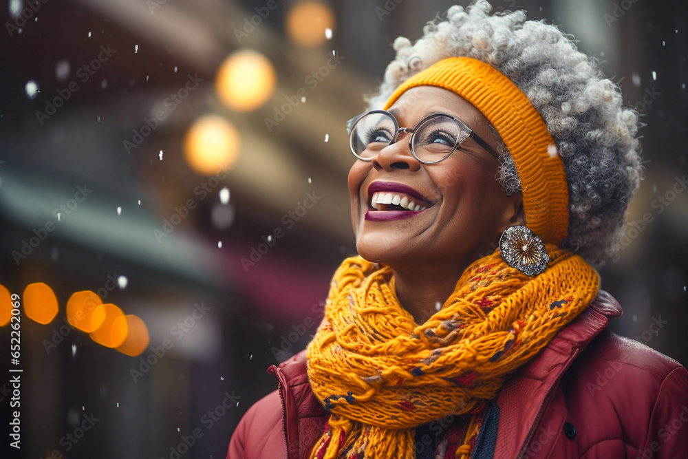 portrait of happy mature black woman with white hair looking up snowing in winter with scarf - obrazy, fototapety, plakaty 
