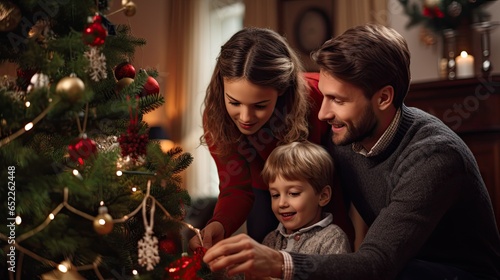 Happy family helping daughter decorate christmas tree