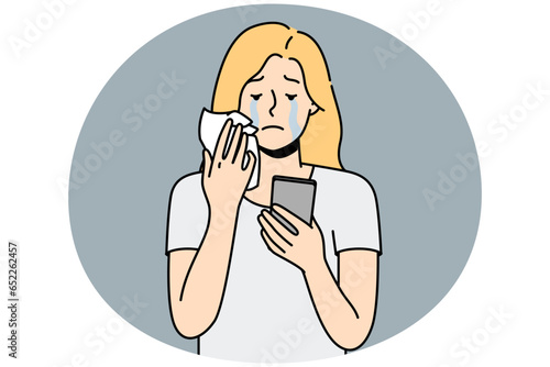 Stressed young woman look at cellphone screen crying. Unhappy girl suffer from bad message or breakup notice on smartphone. Vector illustration.