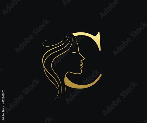 C letter Beauty face, hair salon logo design vector template