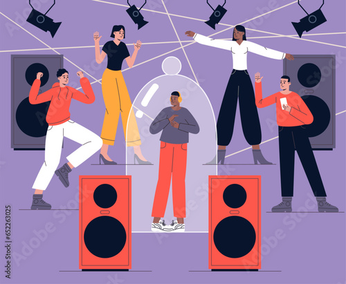 Extravert party with introvert. Lonely guy under glass hood. Funny people dancing. Night club entertainment. Sociable and withdrawn cartoon persons. Psychology mindset. Vector concept