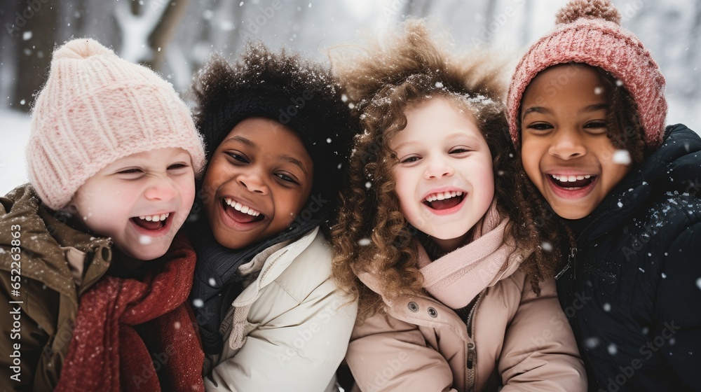 Diverse group of kids laughing in winter Diverse group of kids laughing in winter