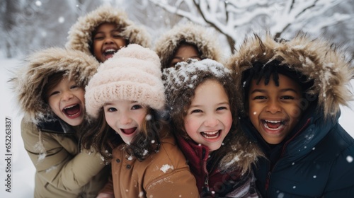 Diverse group of kids laughing in winter