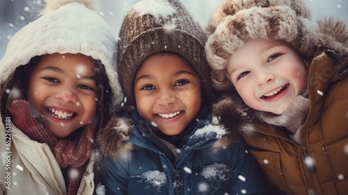 Diverse group of kids laughing in winter