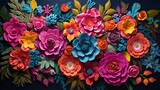 Many colorful paper flowers placed on a black background, in the style of threaded tapestries, traditional mexican style.