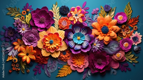 Many colorful paper flowers placed on a black background  in the style of threaded tapestries  traditional mexican style.