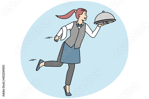 Smiling waitress in uniform bringing dish to client in restaurant. Happy female server with meal working in cafe. Good service concept. Vector illustration.