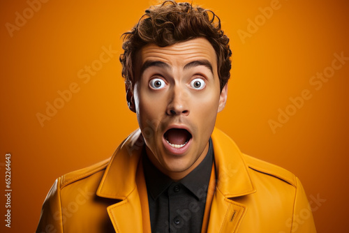  Surprised man expressing wonder, his eyes wide with amazement, in an orange background, Generative AI  © Shooting Star Std