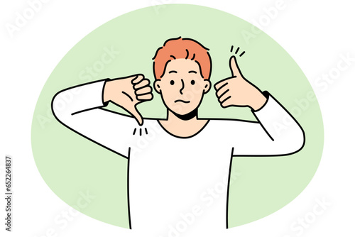 Frustrated man show like and dislike hand gestures demonstrate client feedback for service. Confused male feeling down and uplifted. Approval and disapproval. Vector illustration.
