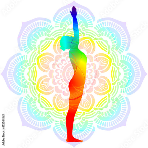 Colorful silhouette yoga posture. Mountain with Arms Up pose or Upward Salute pose. Urdhva Hastasana or Urdhva Vrikshasana. Standing and Neutral. Isolated vector illustration. Mandala background.