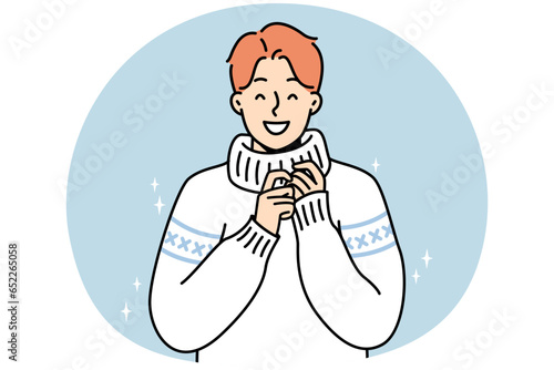 Portrait of smiling young man in knitwear. Happy millennial guy in fashionable knit sweater. Winter wear and fashion. Vector illustration.