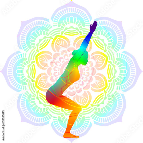 Colorful silhouette yoga posture. Chair pose or Fierce pose. Utkatasana. Standing and Balancing. Isolated vector illustration. Mandala background.