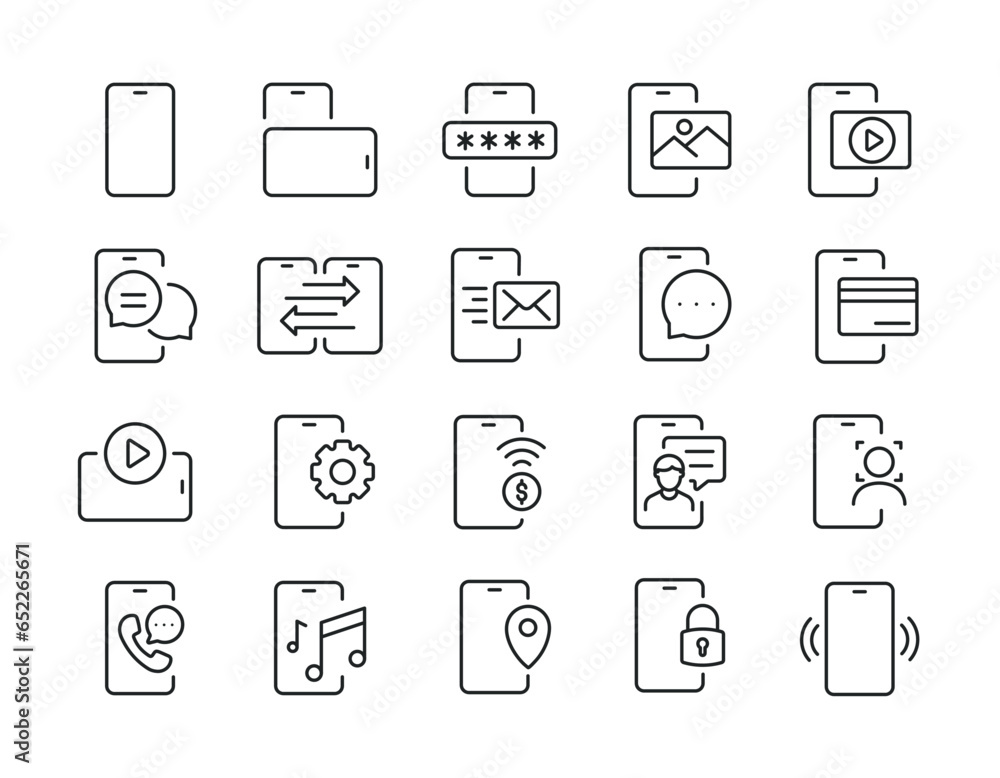 Smartphone function, mobile phone thin line icons. Editable stroke. For website marketing design, logo, app, template, ui, etc. Vector illustration. Smartphone function, mobile phone thin line icons. Editable stroke. For website marketing design, logo, app, template, ui, etc. Vector illustration.