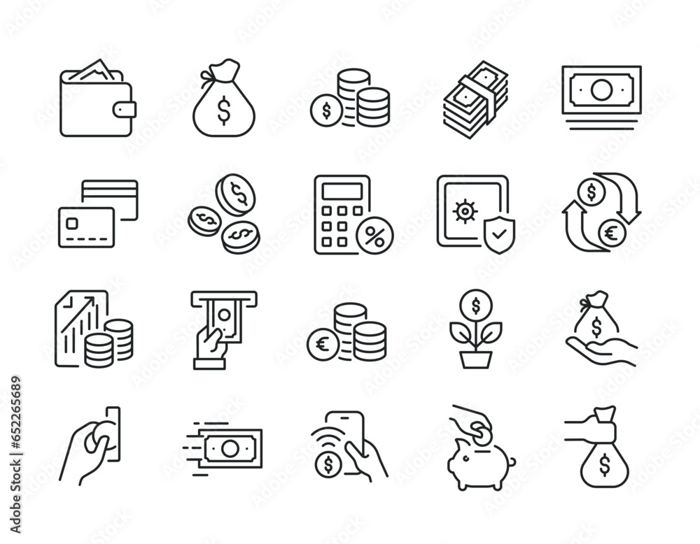 Money, finance thin line icons. Editable stroke. For website marketing design, logo, app, template, ui, etc. Vector illustration. - obrazy, fototapety, plakaty 