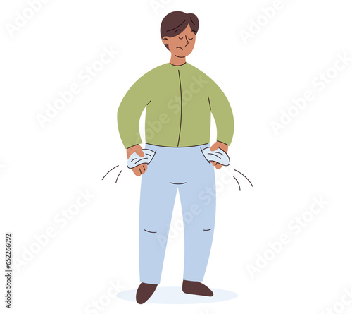 Sad cartoon man emptying his pockets. Concept of poverty and lack of money, vector isolated flat illustration.
