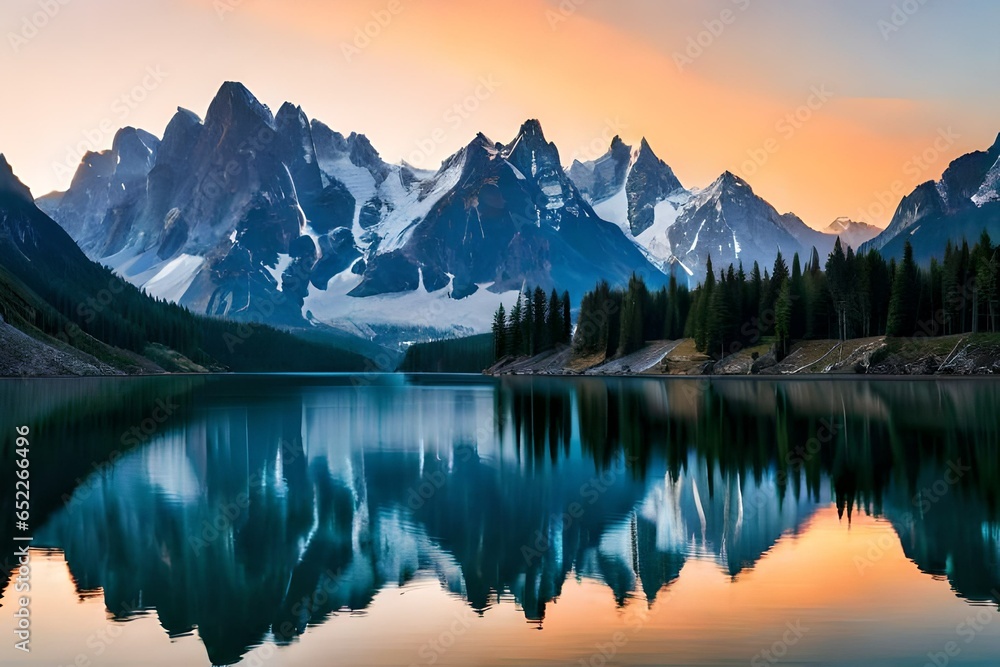 Lake in mountains, pristine reflection of peaks, a serene jewel nestled in nature's majestic embrace