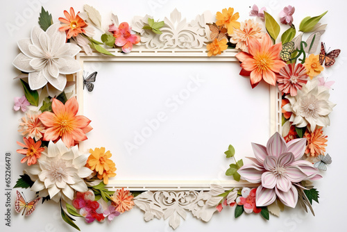Floral art botanical papercut flowers frame background for postcard, wallpaper, banner, print, poster, cover, greeting and invitation card. Copy space