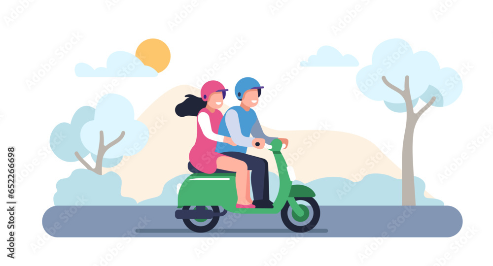 Happy guy and girl traveling. Couple on scooter. Romantic dating. People driving moped. Man and woman riding along park road. Motorcycle trip by bike. Summer journey. Vector concept