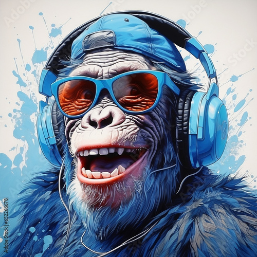 Funky cartoon chimpanzee monkey with earphones blue glasses and smiling listening music with a vintage retro styling on white background isolated  created with generative ai