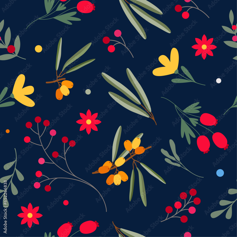 Seamless pattern with autumn berries and flowers in vector. Flat style.