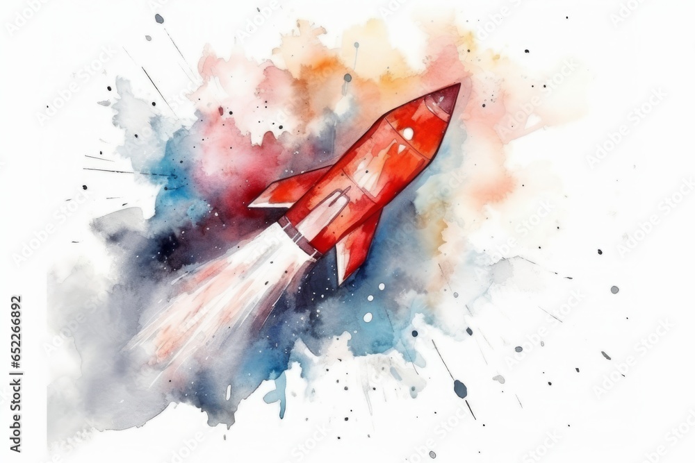 Watercolor rocket ship for an out-of-this-world Birthday on white. AI generated