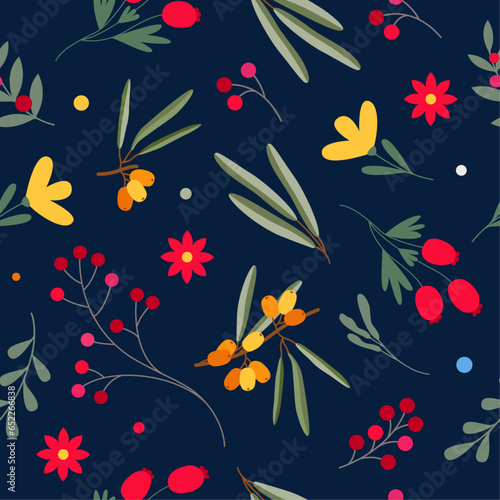 Seamless pattern with autumn berries and flowers in vector. Flat style.