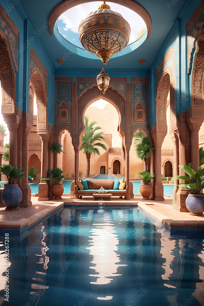 Fototapeta premium arabic lantern background illustration,moon light shine through the window into islamic mosque interior