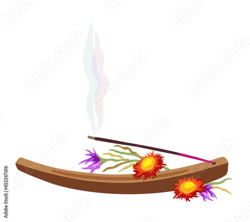 Incense stick on a wooden stand with dry flowers around. Vector isolated illustration.
