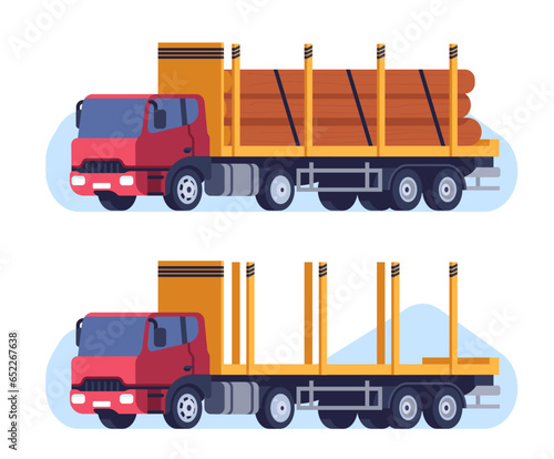 Large truck for hauling wood from sawmill. Wooden logs transportation. Industrial vehicle. Lorry van. Forestry heavy automobile. Construction car. Lumber auto shipping. Vector concept