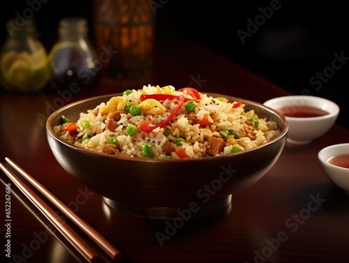  Bowl of classic fried rice served with a side of soy sauce