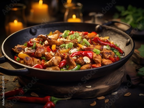 Sizzling kung pao chicken in a cast iron skillet