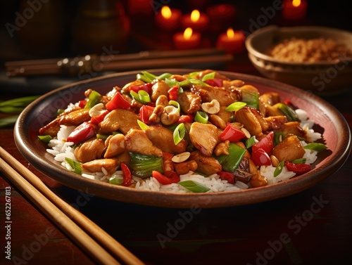  Kung pao chicken with vibrant vegetables and steamed rice
