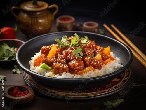  Sweet and sour pork dish with sticky rice on a ceramic plate