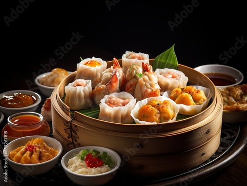 Variety of dim sum served in a traditional setting