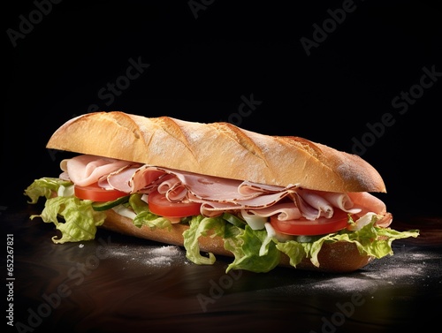 Product photo of a baguette with ham and lettuce