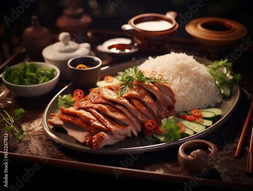 Succulent Peking duck with a side of jasmine rice