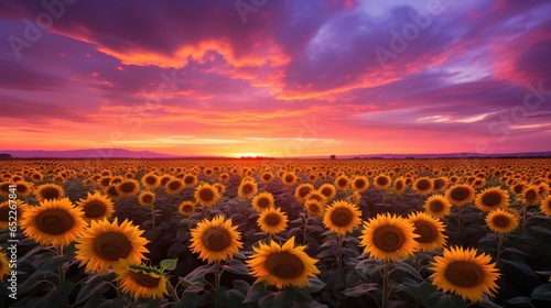  a field of sunflowers with a sunset in the background.  generative ai