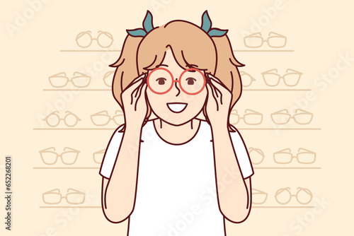 Little girl is trying on eyeglasses for vision correction, stands in optics store near showcases with glasses. Smiling child puts on round-rimmed eyeglasses to get rid of eye problems