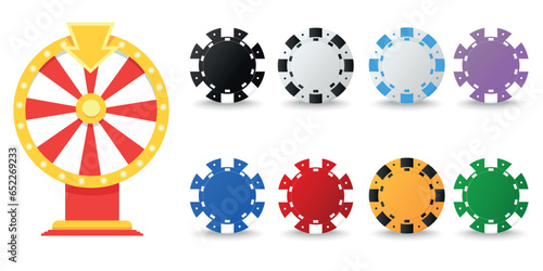 Vector images of casino chips. Wheel of fortune. Collection of casino chips for gambling, poker