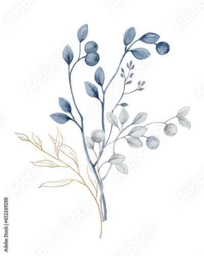 Watercolor vector dusty blue flower wreath.