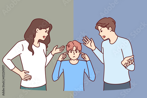 Kid stands between screaming parents scolding son for pranks or poor school performance. Schoolboy closes ears, not wanting to listen to abuse of mom and dad and suffering from nervous parents