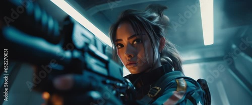 Portrait of cyberpunk female soldier of future in futuristic combat armour suit guards entrance to spaceship. Steampunk, dystopian. Anamorphic 4k footage