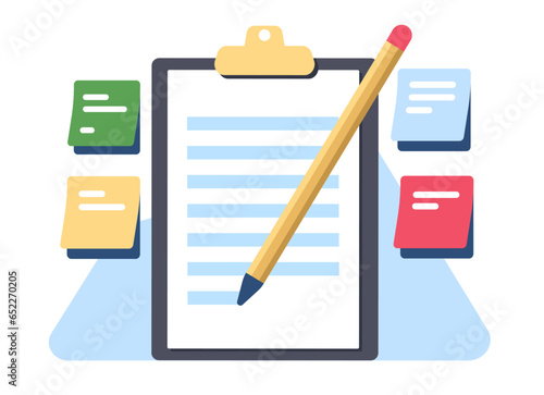 Notebook with list and pencil. Tablet with paper sheets. Sticky notepaper. Reminder writing. Office stationery. Organizer checklist. Memo in copybook. Pocketbook pages. Vector concept