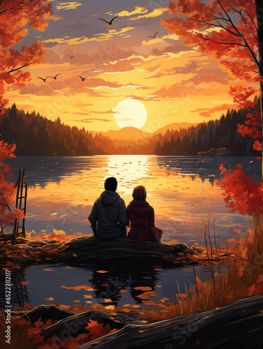 A Surreal Illustration of a Couple Wrapped in a Blanket  Watching the Sun Set Over an Autumn Lake
