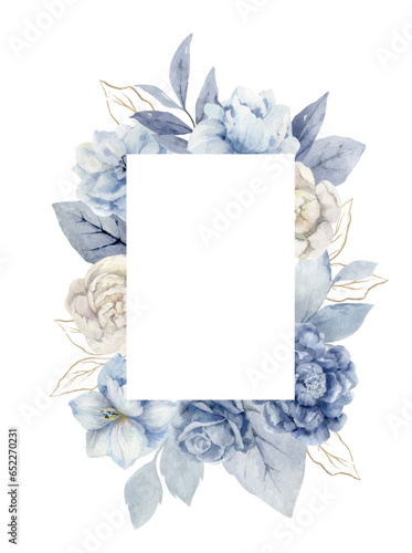 Watercolor vector dusty blue flower frame.